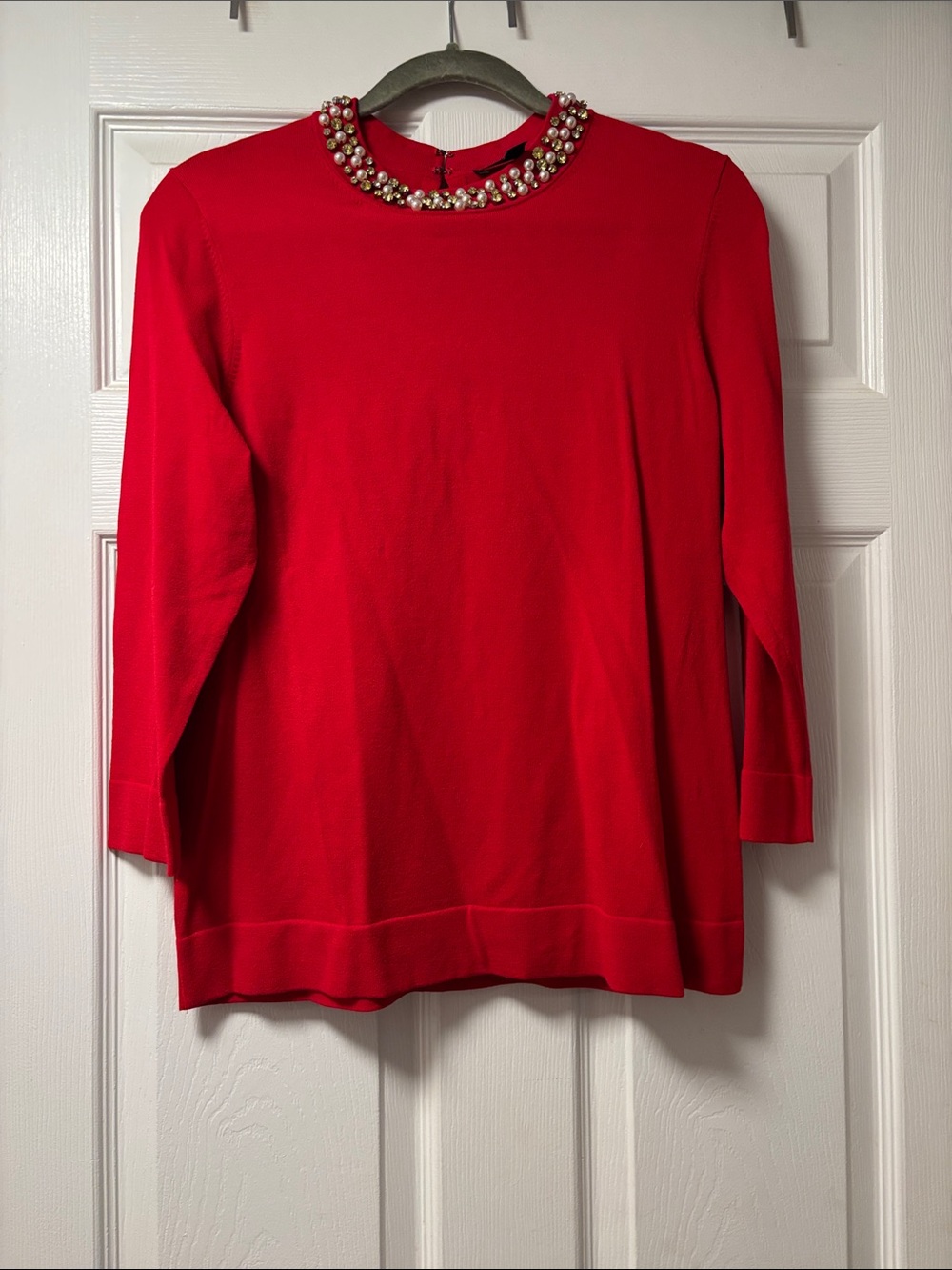 Ann Taylor Red Long Sleeve Top with Jeweled Collar